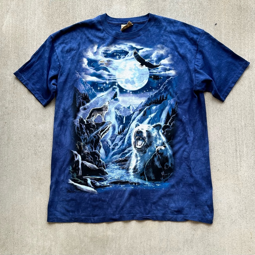 Vintage The Mountain Tee Shirt Men Size XL 90s Tye Dye Bear Eagle Wolf